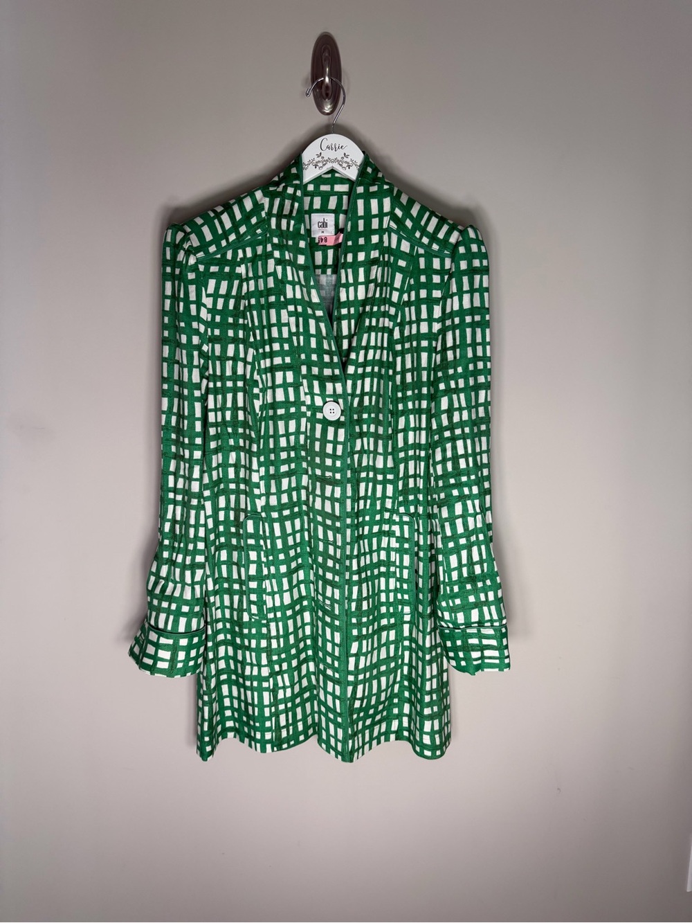 CAbi Green White Geometric Belted Jacket Coat Size Medium